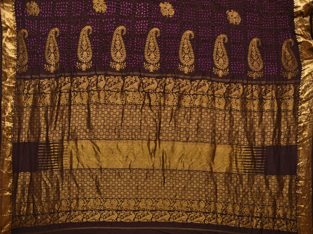 Dark Brown Bandhani Kanchipuram Silk Handloom Saree with Mango Pallu Design - Global Threads