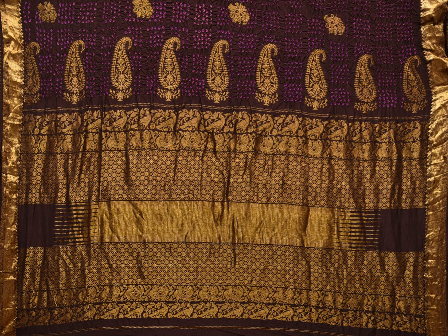 Dark Brown Bandhani Kanchipuram Silk Handloom Saree with Mango Pallu Design - Global Threads