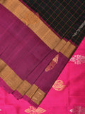 Dark Green and Purple Uppada Silk Handloom Saree with Checks and Body Buta Design - Global Threads