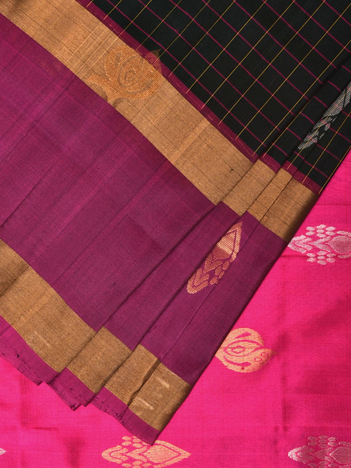 Dark Green and Purple Uppada Silk Handloom Saree with Checks and Body Buta Design - Global Threads