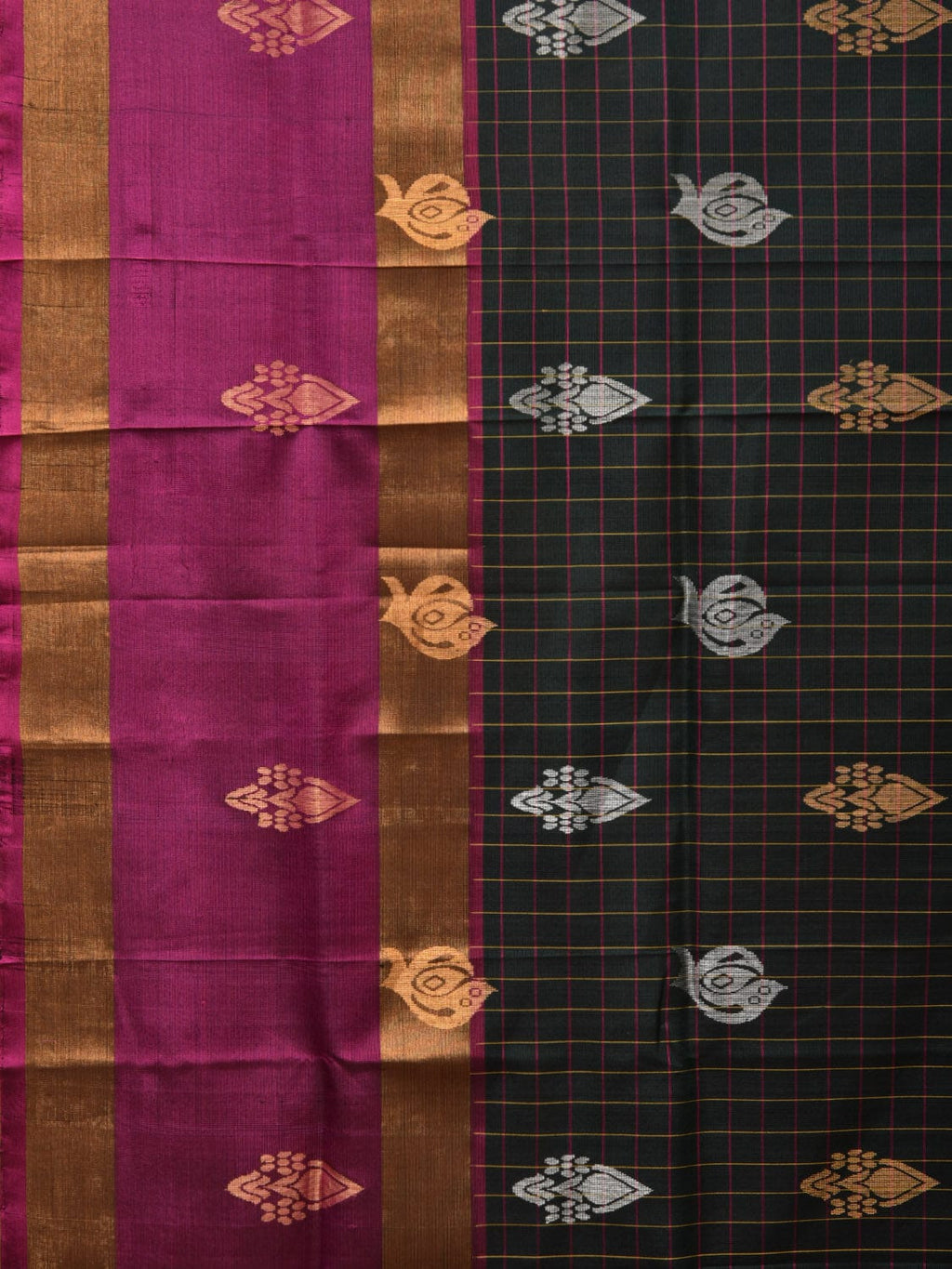 Dark Green and Purple Uppada Silk Handloom Saree with Checks and Body Buta Design - Global Threads