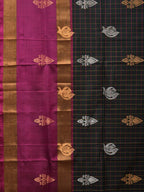Dark Green and Purple Uppada Silk Handloom Saree with Checks and Body Buta Design - Global Threads