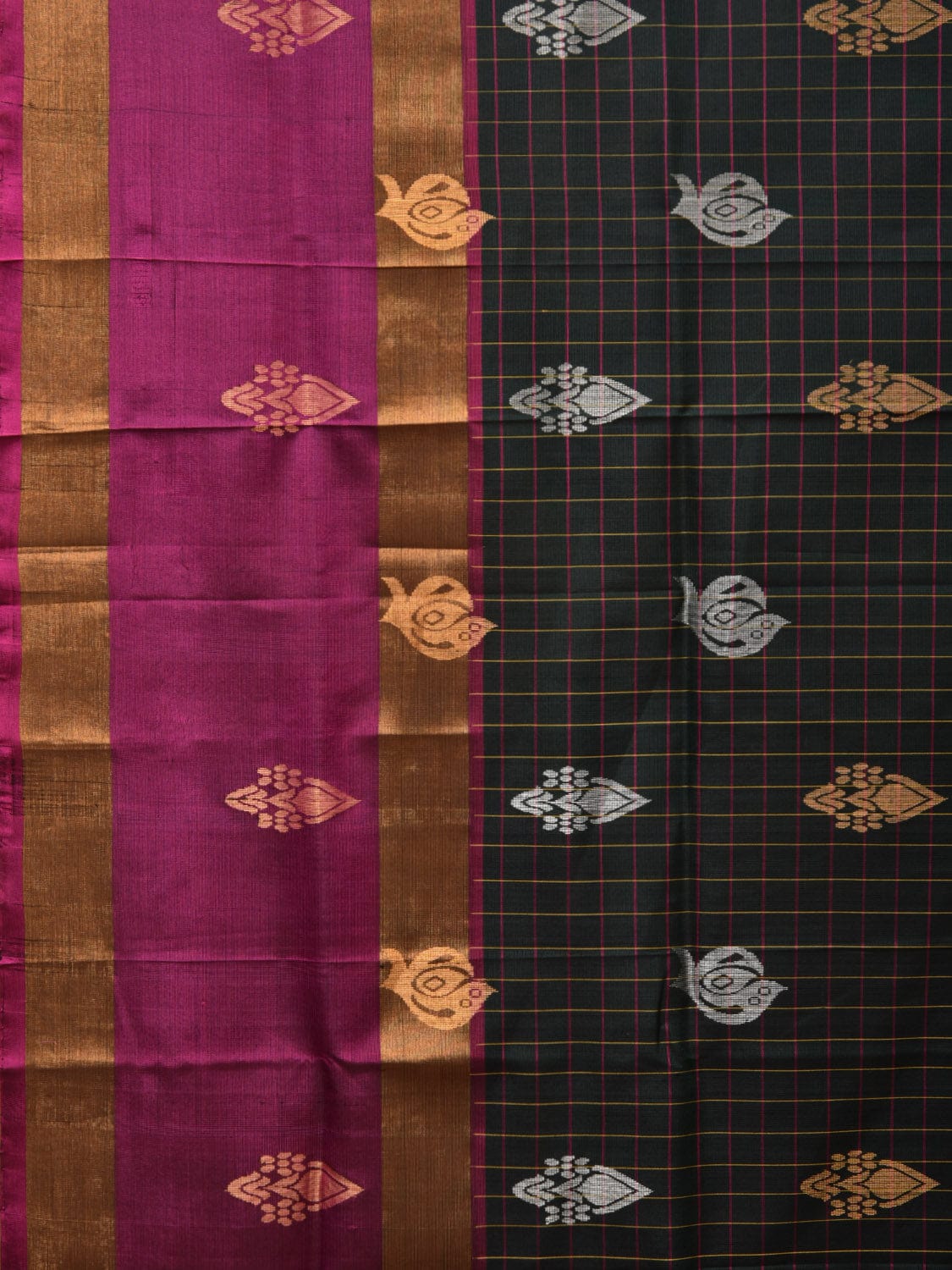 Dark Green and Purple Uppada Silk Handloom Saree with Checks and Body Buta Design - Global Threads