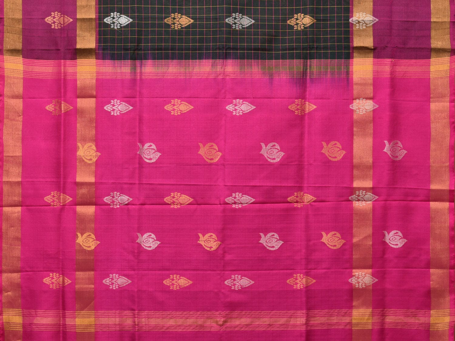 Dark Green and Purple Uppada Silk Handloom Saree with Checks and Body Buta Design - Global Threads