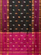 Dark Green and Purple Uppada Silk Handloom Saree with Checks and Body Buta Design - Global Threads