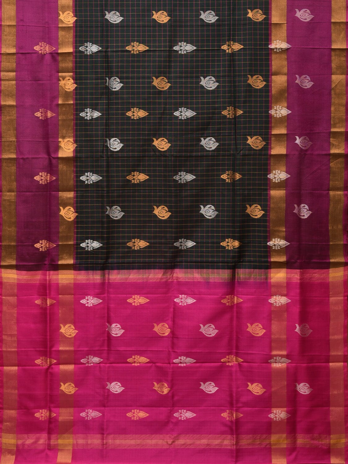 Dark Green and Purple Uppada Silk Handloom Saree with Checks and Body Buta Design - Global Threads