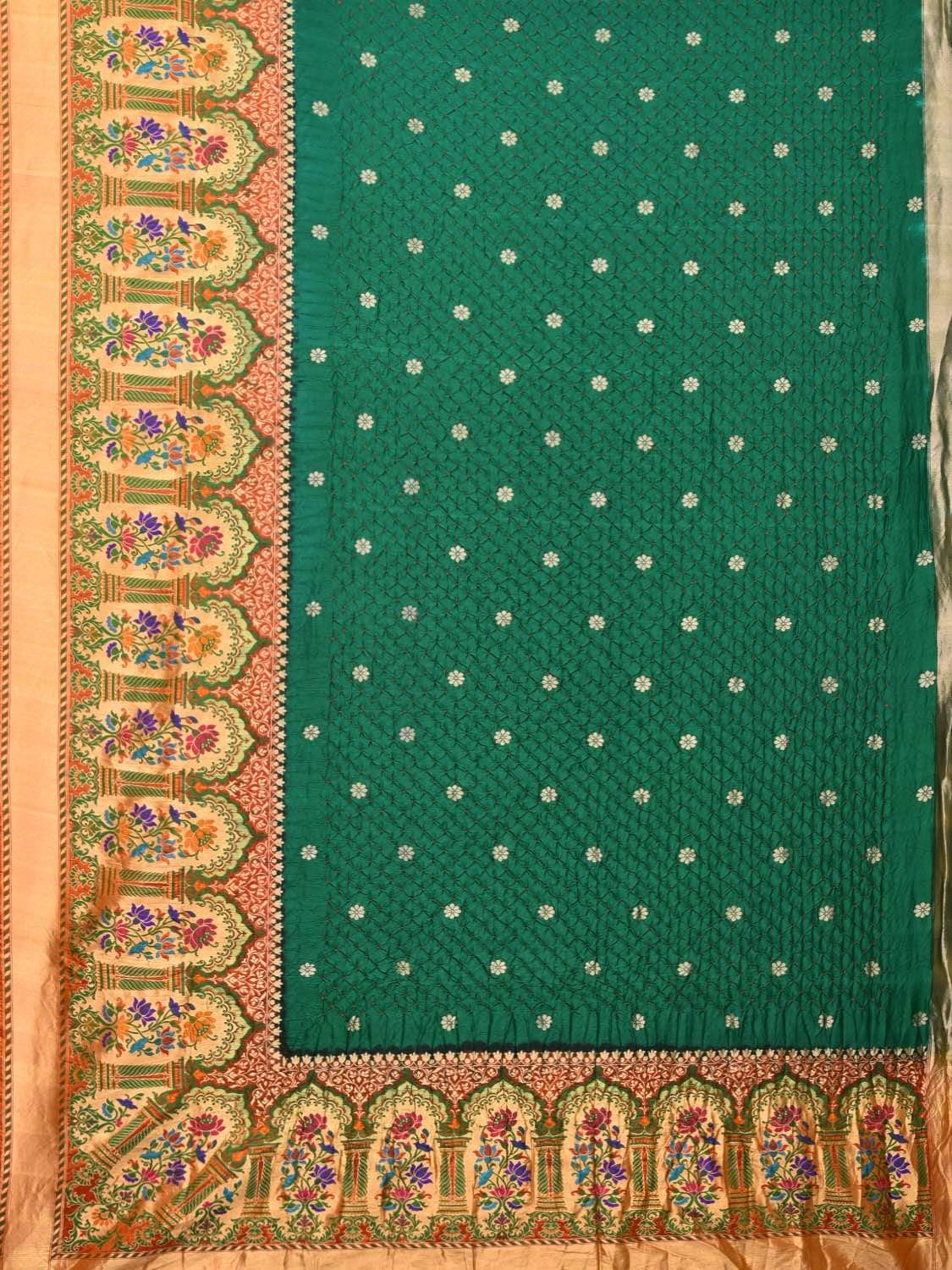Dark Green Bandhani Paithani Silk Handloom Saree with One Side Border Design - Global Threads