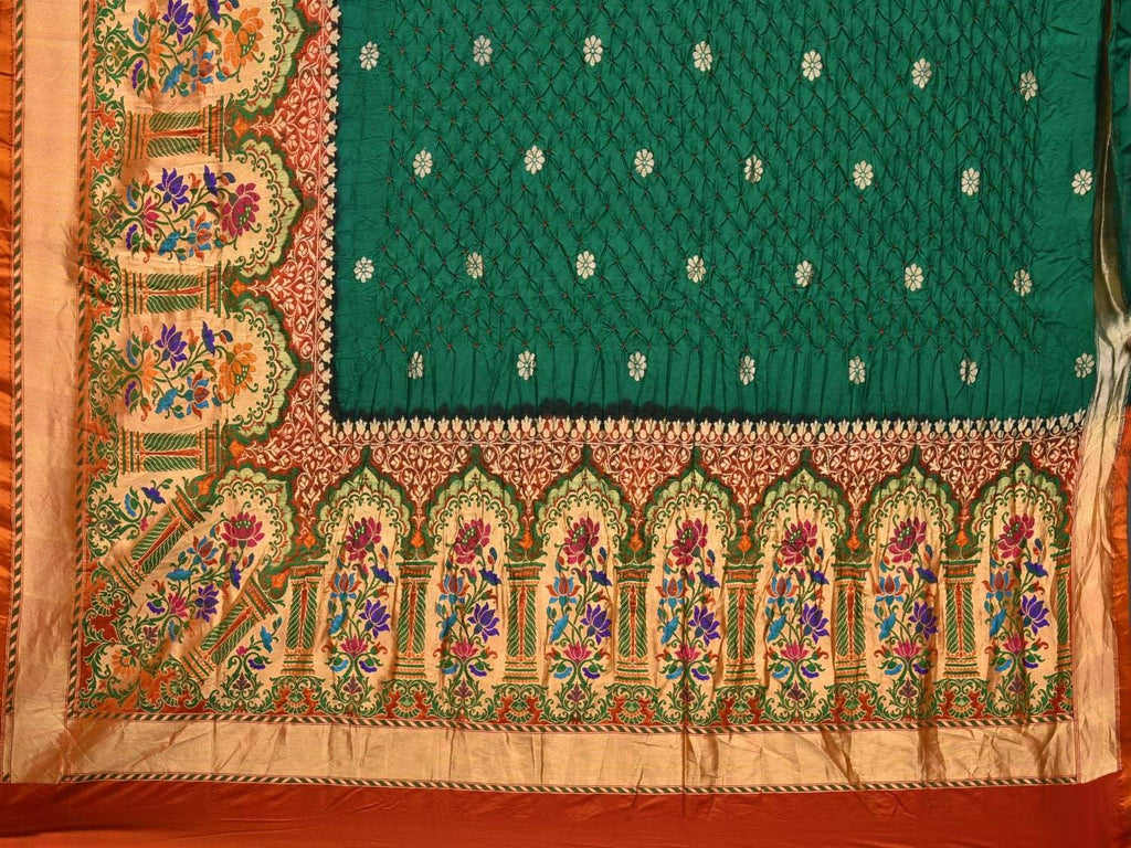 Dark Green Bandhani Paithani Silk Handloom Saree with One Side Border Design - Global Threads