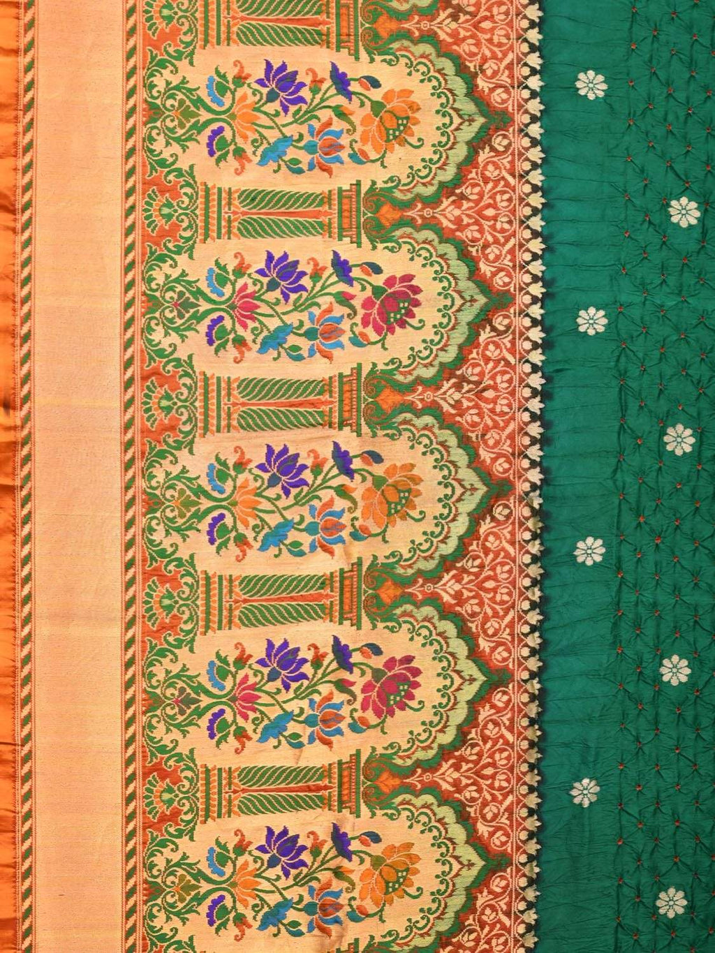 Dark Green Bandhani Paithani Silk Handloom Saree with One Side Border Design - Global Threads