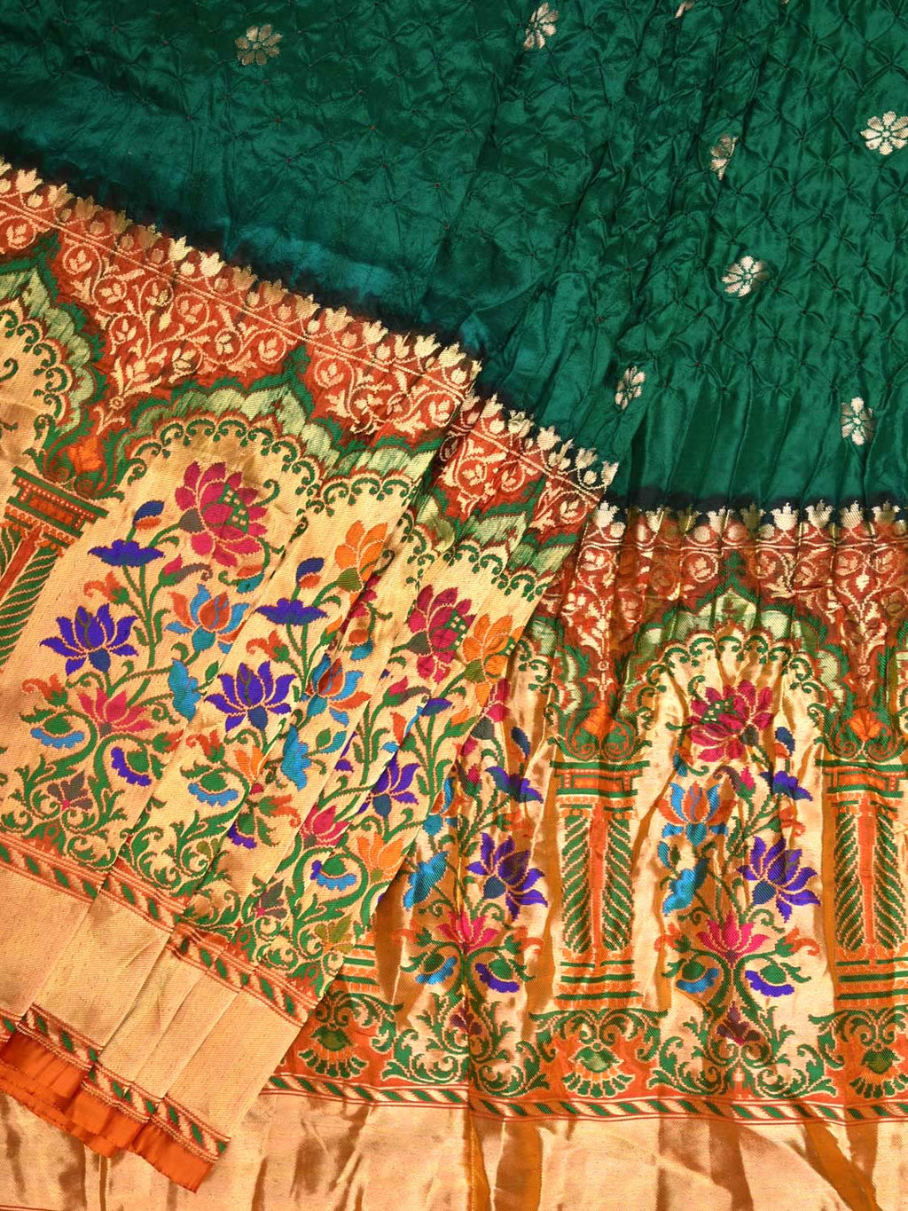 Dark Green Bandhani Paithani Silk Handloom Saree with One Side Border Design - Global Threads