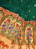 Dark Green Bandhani Paithani Silk Handloom Saree with One Side Border Design - Global Threads