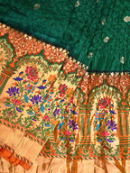 Dark Green Bandhani Paithani Silk Handloom Saree with One Side Border Design - Global Threads