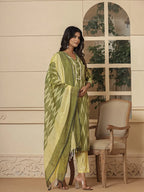 Yufta Dark Green Ikat Print Straight Strappy Kurta Trouser And Dupatta Set