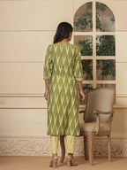Yufta Dark Green Ikat Print Straight Strappy Kurta Trouser And Dupatta Set