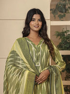 Yufta Dark Green Ikat Print Straight Strappy Kurta Trouser And Dupatta Set