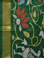 Dark Green Uppada Silk Handloom Saree with All Over Lotus and Birds Design - Global Threads