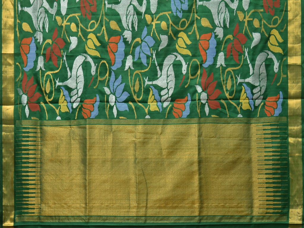 Dark Green Uppada Silk Handloom Saree with All Over Lotus and Birds Design - Global Threads