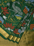 Dark Green Uppada Silk Handloom Saree with All Over Lotus and Birds Design - Global Threads