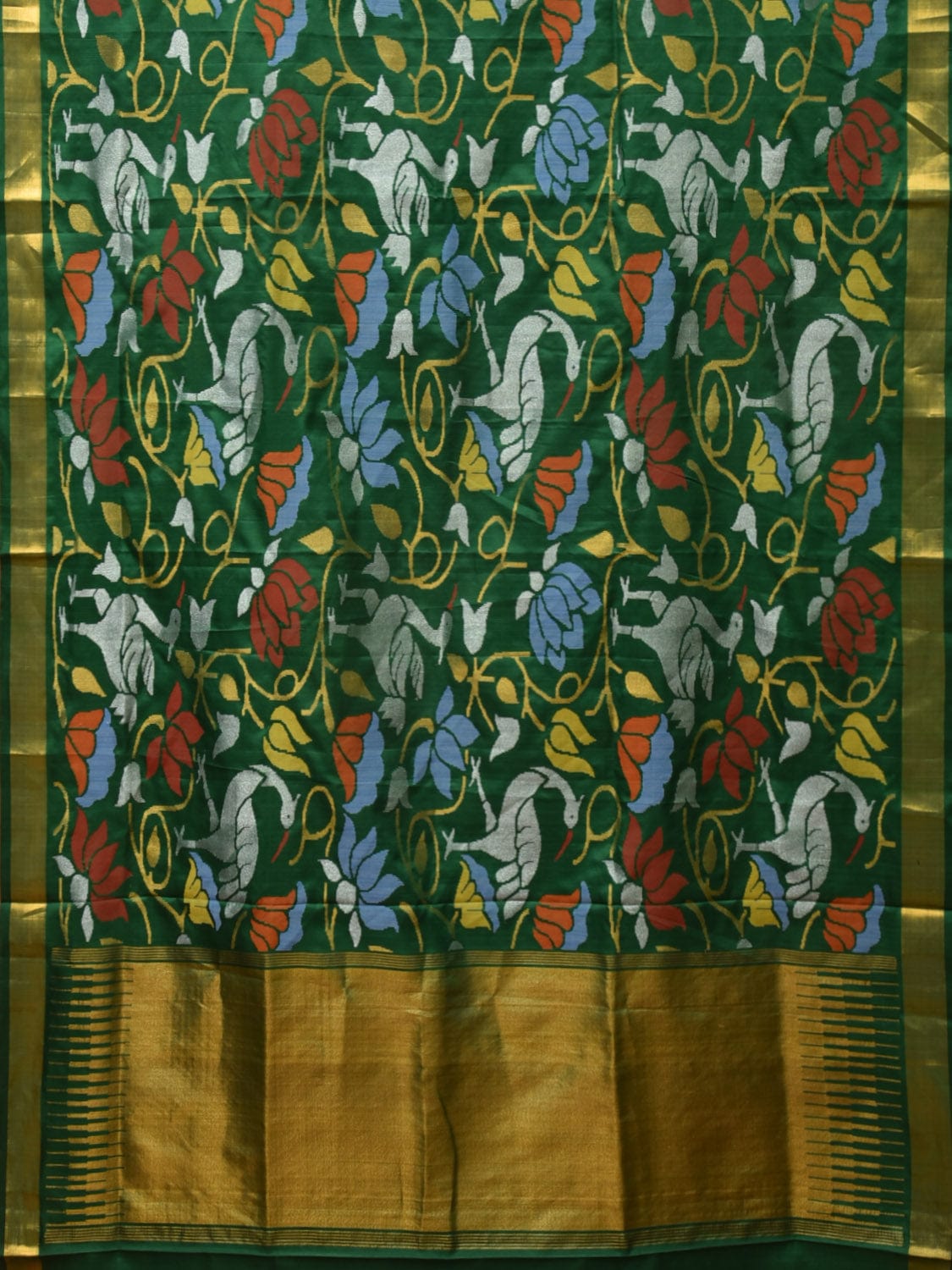 Dark Green Uppada Silk Handloom Saree with All Over Lotus and Birds Design - Global Threads
