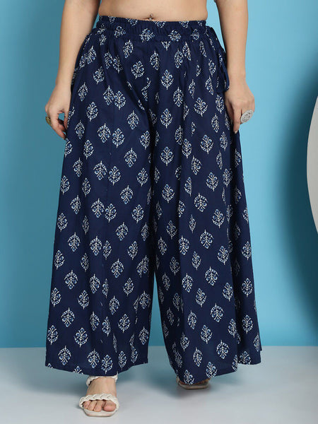TAG 7 Plus Size Floral Block Printed Flared Pure Cotton Ethnic Palazzos