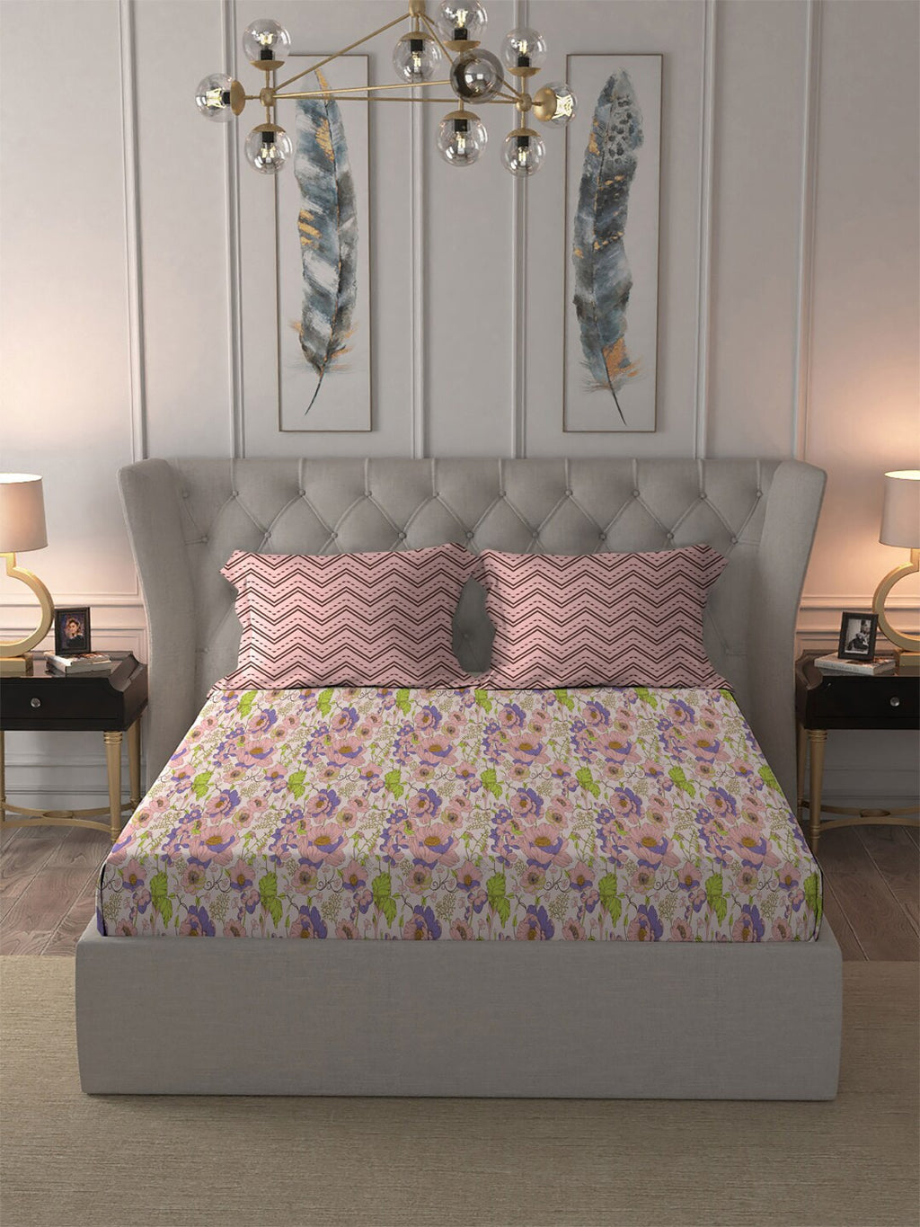 MYTRIDENT Moments Pink Blue Floral Pure Cotton 120 TC Queen Bedsheet With 2 Pillow Covers