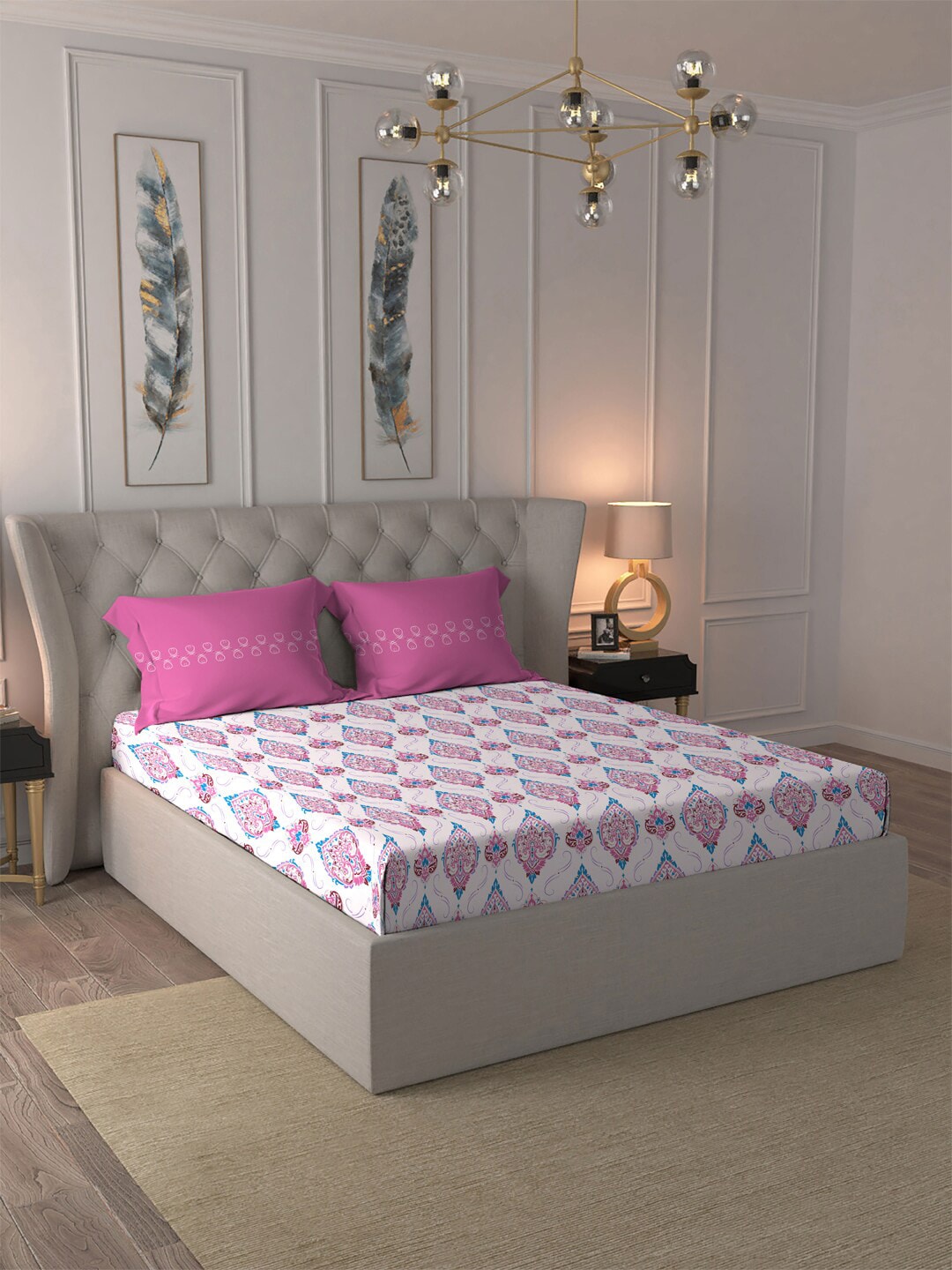MYTRIDENT Moments Pink White Ethnic Pure Cotton 120 TC Queen Bedsheet Pillow Covers
