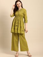 All About You Women Green Printed Pure Cotton Kurti with Palazzos