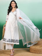 Sangria White Ethnic Motifs Printed Angrakha Kurta With Trouser & Dupatta