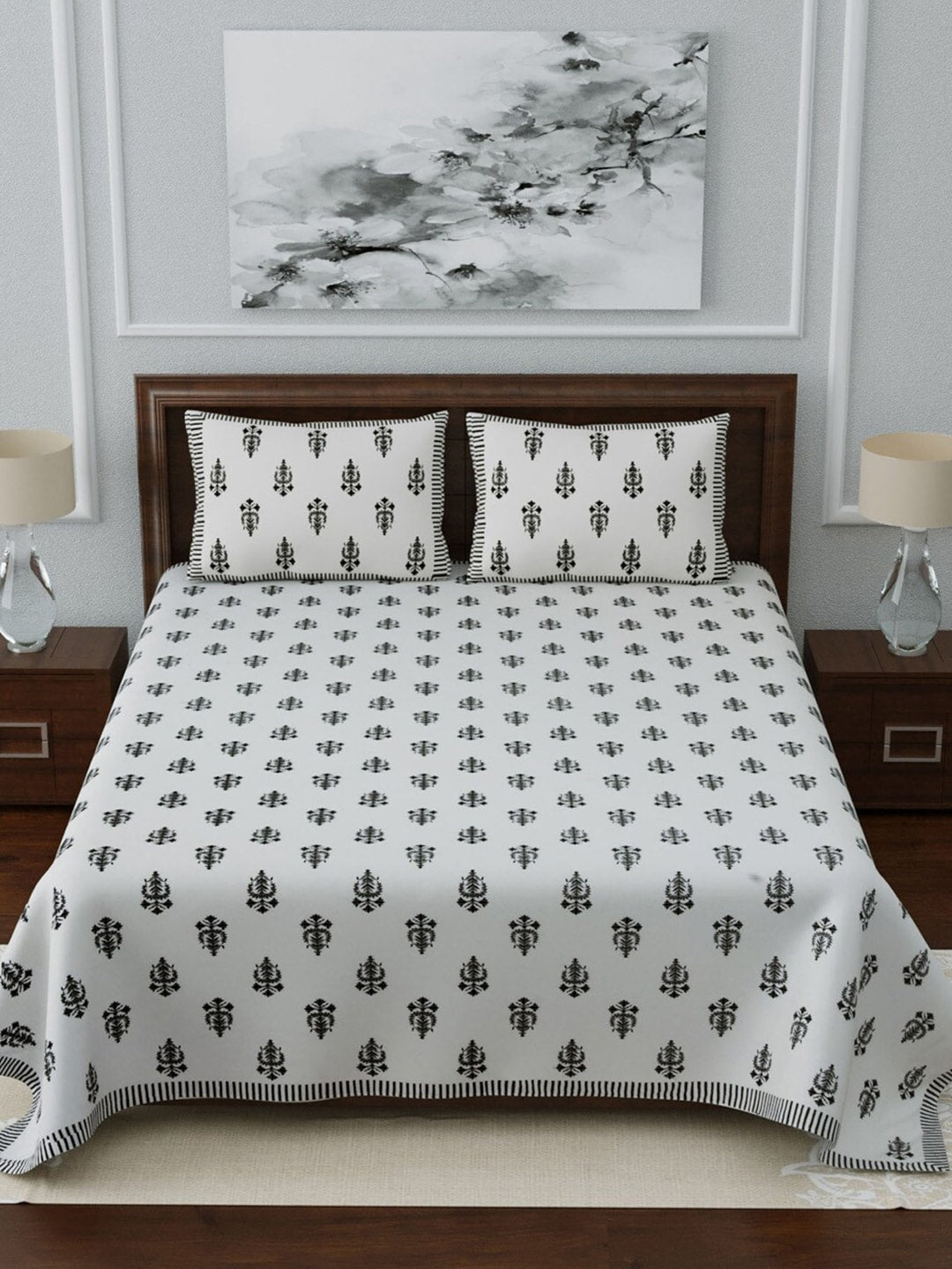 LIVING ROOTS White & Grey Ethnic Motifs 210 TC King Bedsheet with 2 Pillow Covers