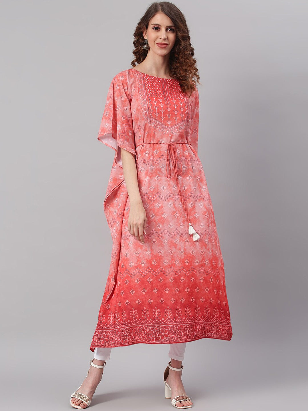 Janasya Peach-Coloured Ethnic Motifs Dyed Thread Work Georgette Kaftan Kurta - Distacart