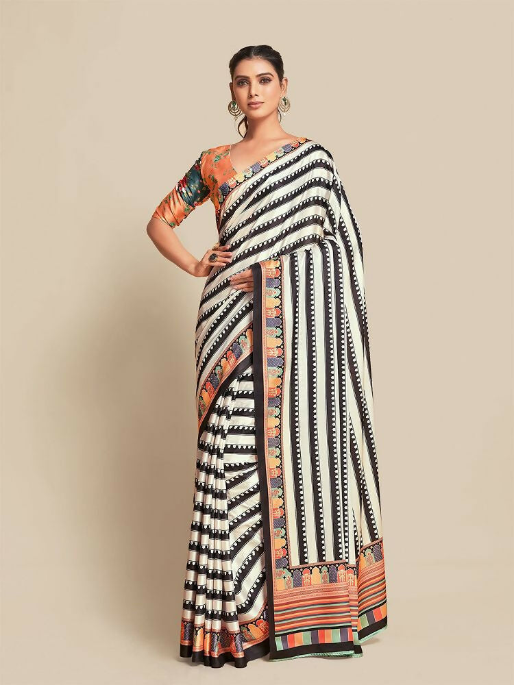 Black Bright Moss Designer Digital Printed Party Wear Saree - Be Verly
