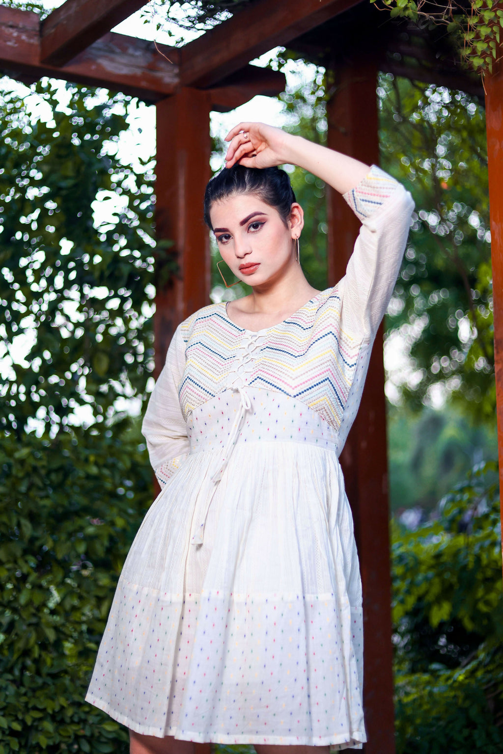 Aayaa Designer Multi Thread Hand Work Khadi Cotton One Piece Dress - Off White