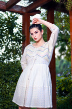 Aayaa Designer Multi Thread Hand Work Khadi Cotton One Piece Dress - Off White