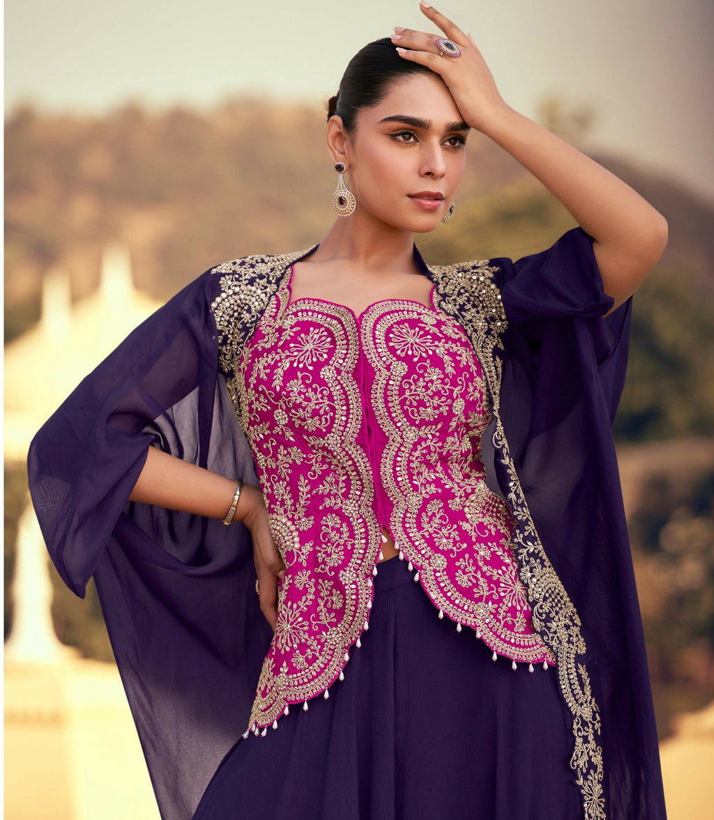 Anaita violet Chinon Readymade Shrug Suit with Heavy Embroidery Work - Distacart