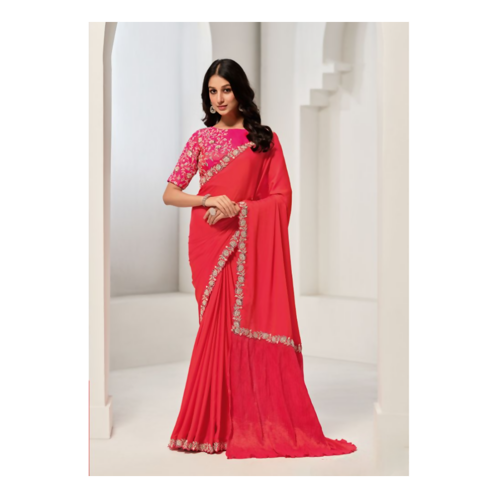 Red Crepe 2 tone silk Sequence & Handwork Saree with Unstitched Blouse - Norita Saanjh