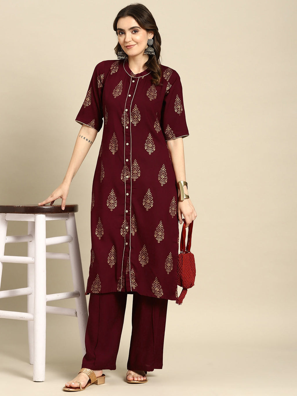 Sangria Ethnic Motifs Printed Pure Cotton Kurta With Palazzos