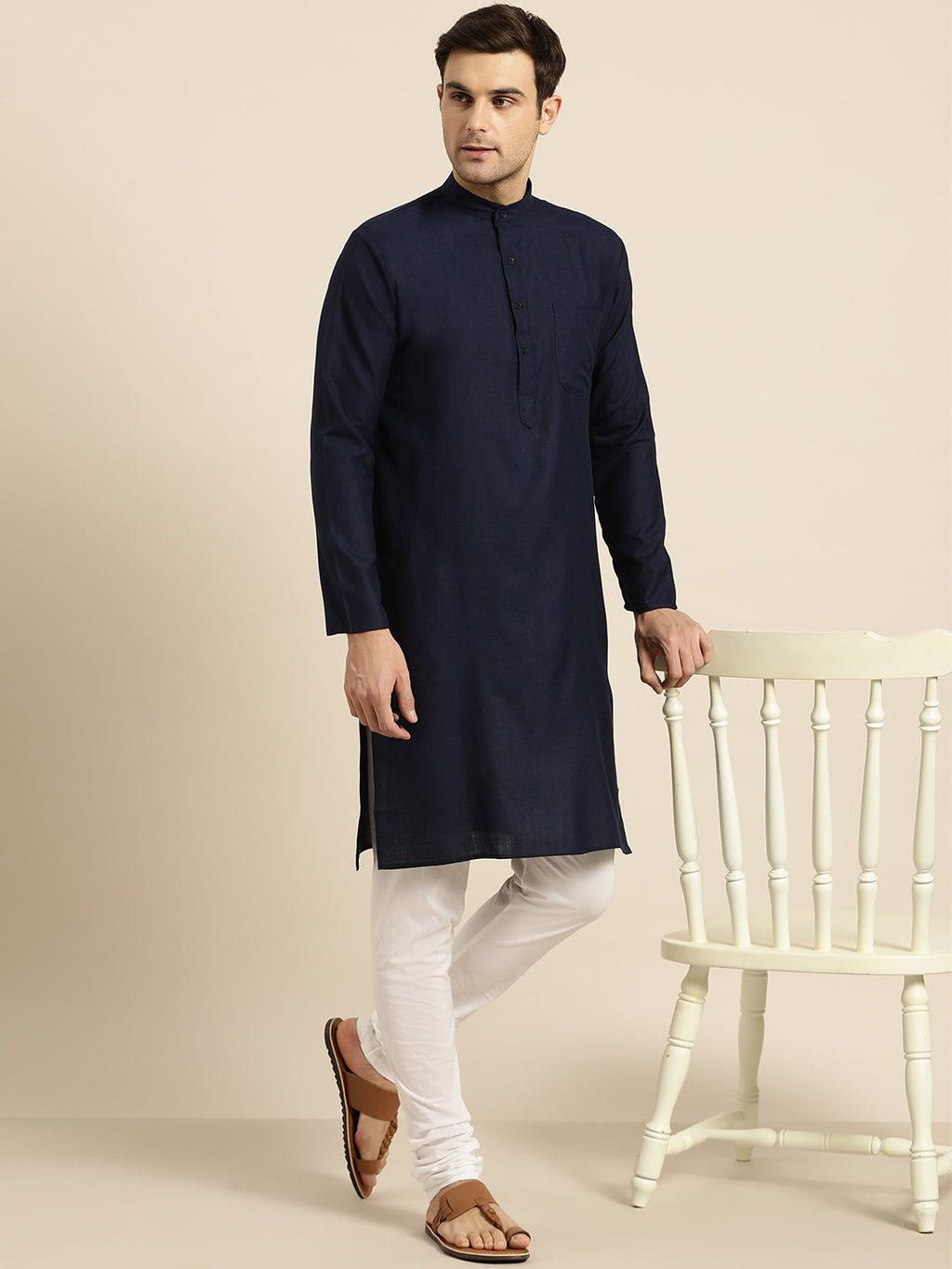 Sojanya Men Navy Blue Solid Straight Kurta