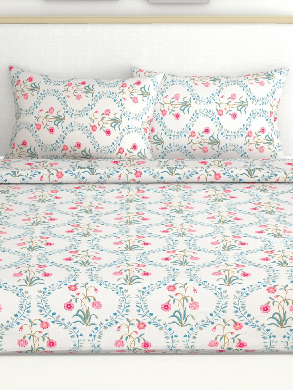 haus & kinder Blossoms Pink & White 186 TC Cotton Queen Bedsheet With 2 Pillow Covers - Distacart