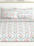 haus & kinder Blossoms Pink & White 186 TC Cotton Queen Bedsheet With 2 Pillow Covers - Distacart