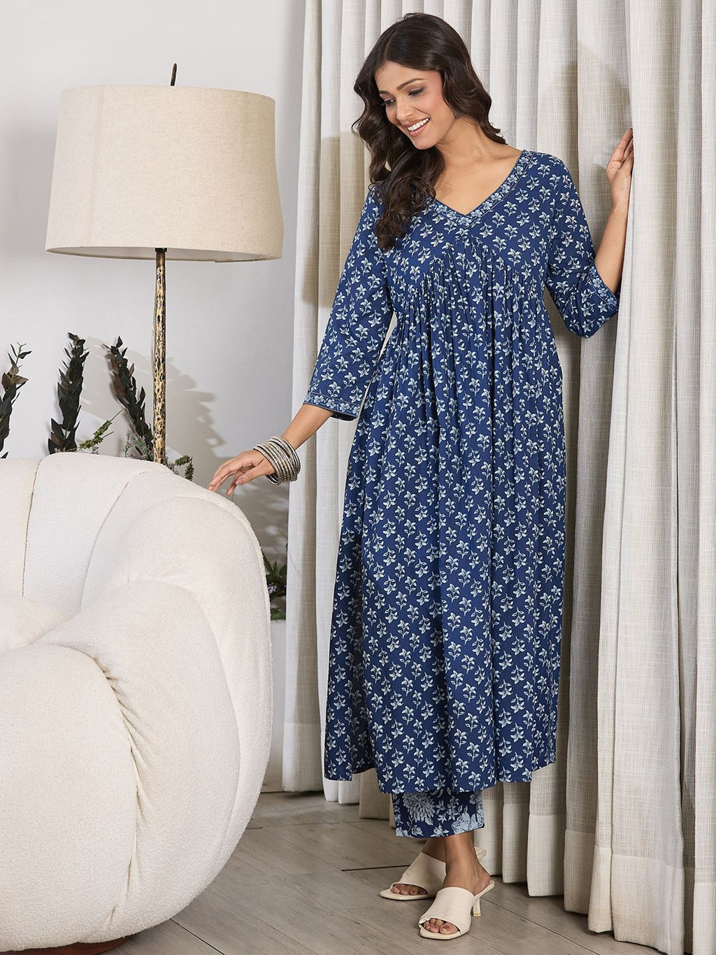 Indo Era V-Neck Floral Printed Empire Pure Cotton Kurta with Trouser - Distacart