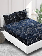 Stylespace by Isha Navy Blue & White Floral Velvet 300 TC Fitted King Bedsheet Set