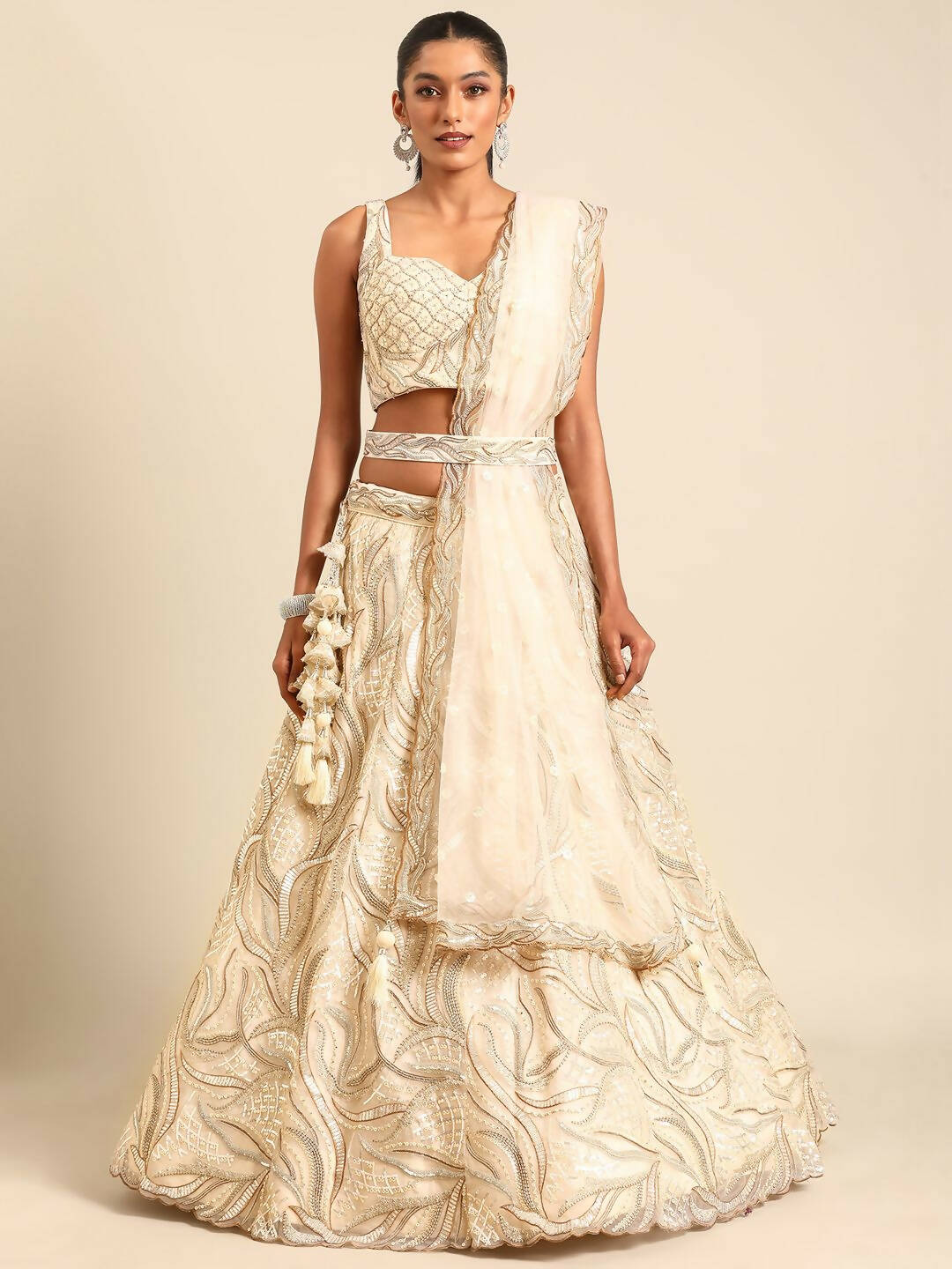 House of Panchhi Cream Net Sequins and Zarkan embroidery Lehenga choli & Dupatta