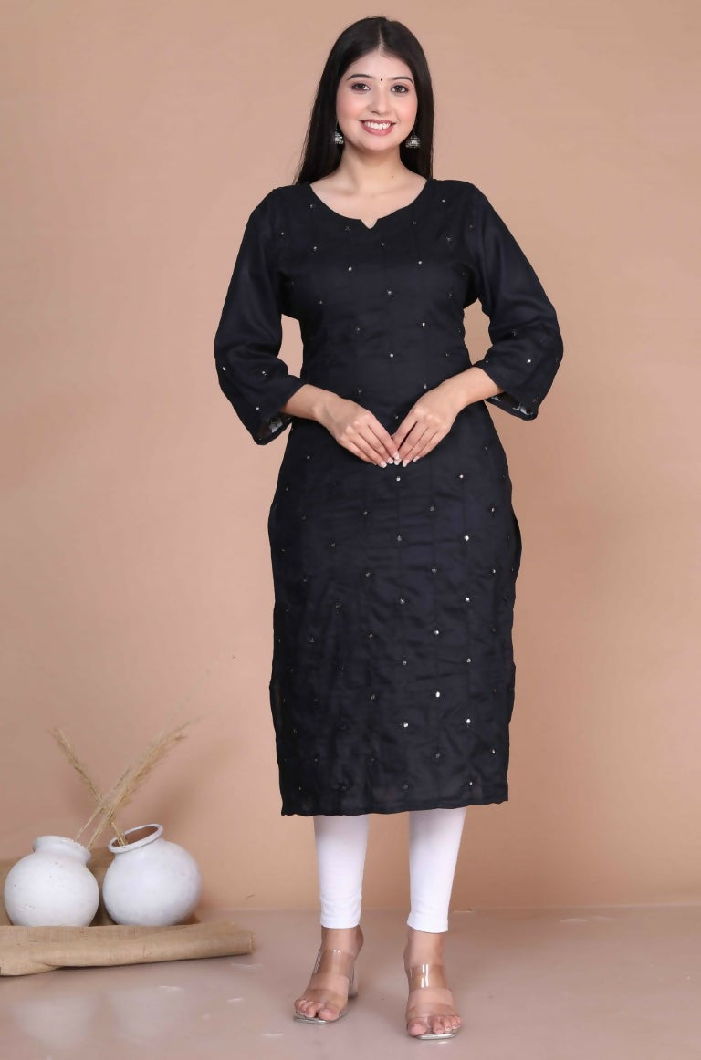 Miravan Women's Black Embroidered And Mirror Work Pakistani Straight Kurti