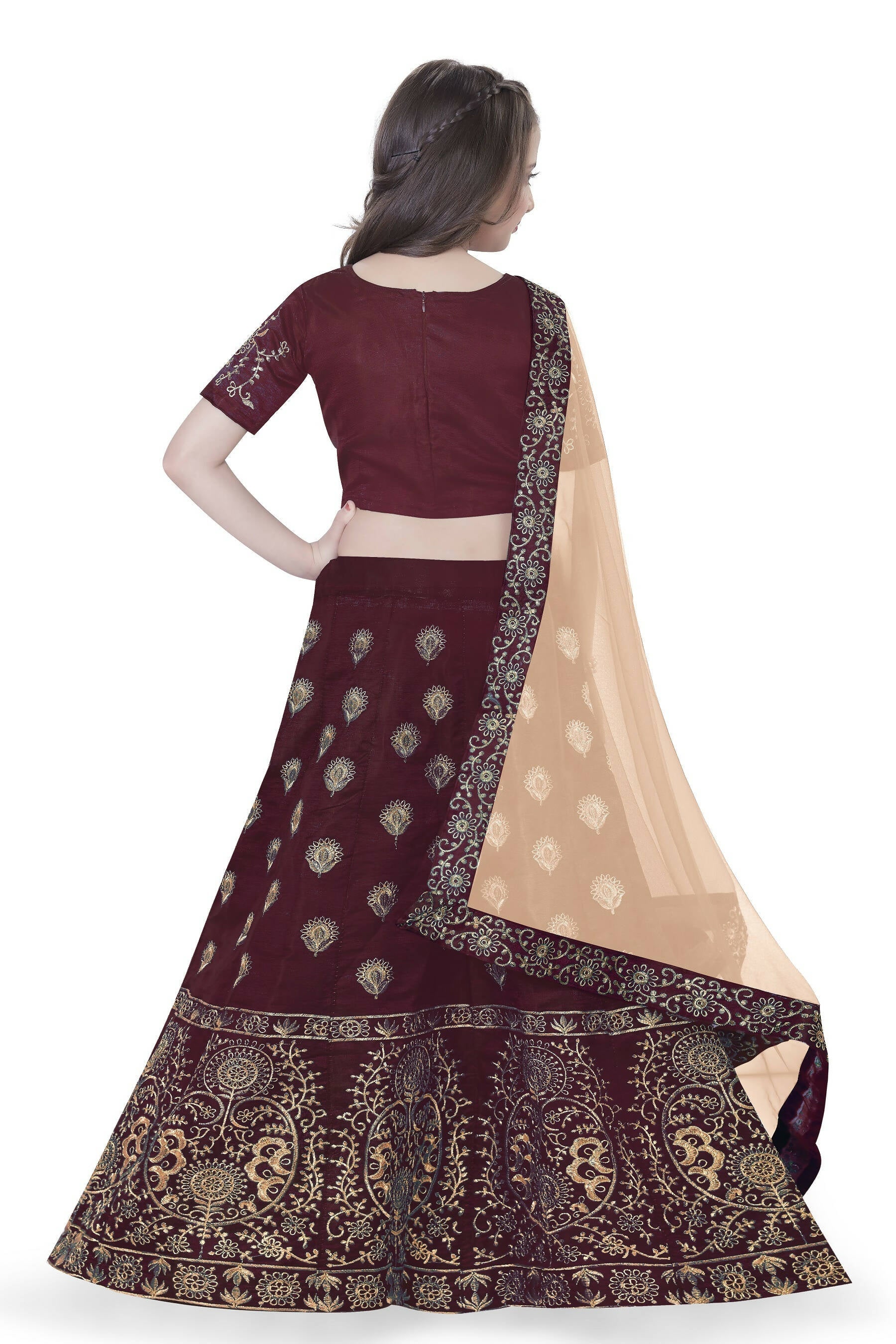 Dwiden Maroon Gulab Tafetta Sattin Semi-Stitched Girl'S Lehenga Choli
