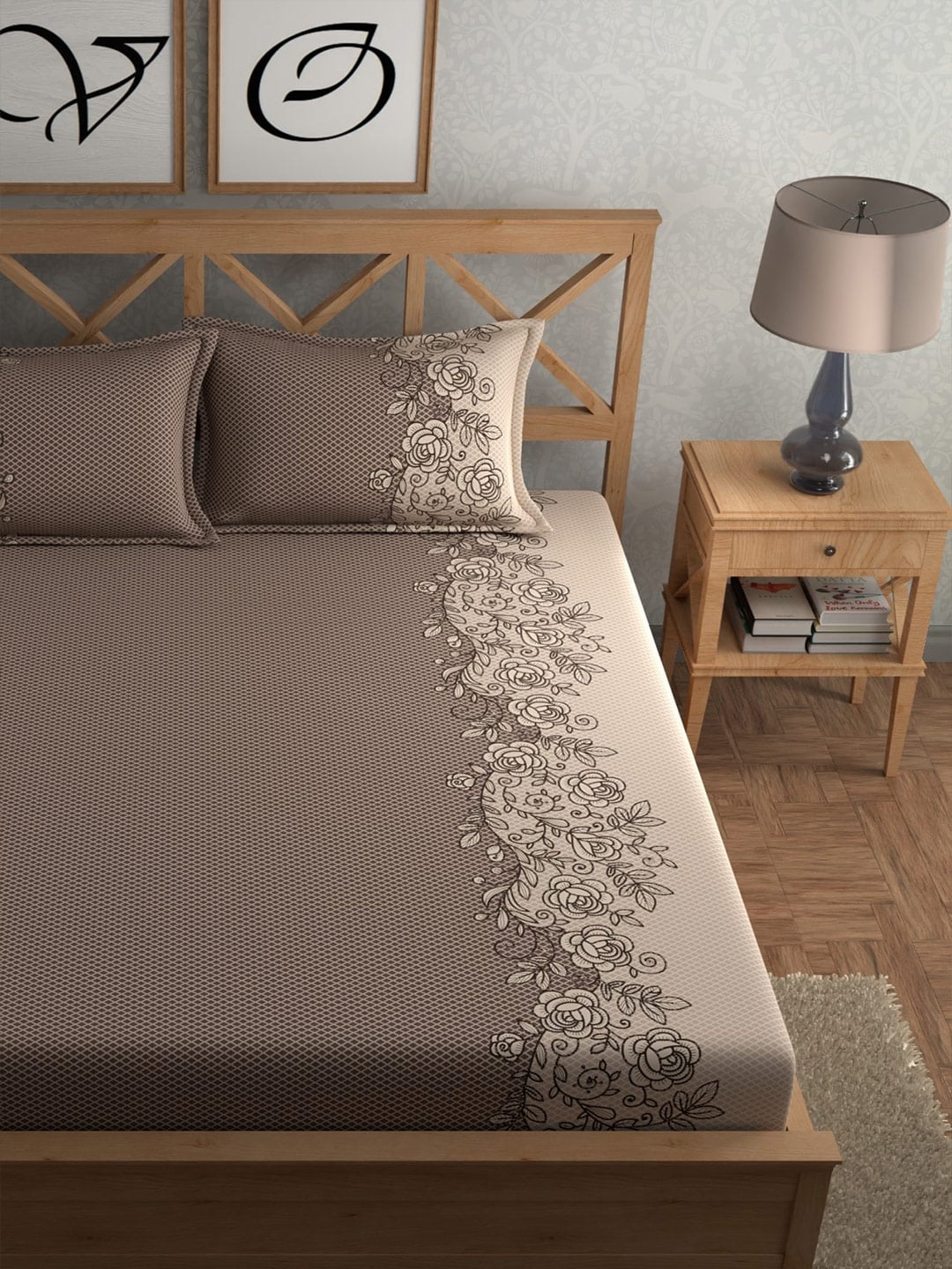 CHHAVI INDIA Brown Ethnic Motifs Cotton 210 TC King Bedsheet with 2 Pillow Covers