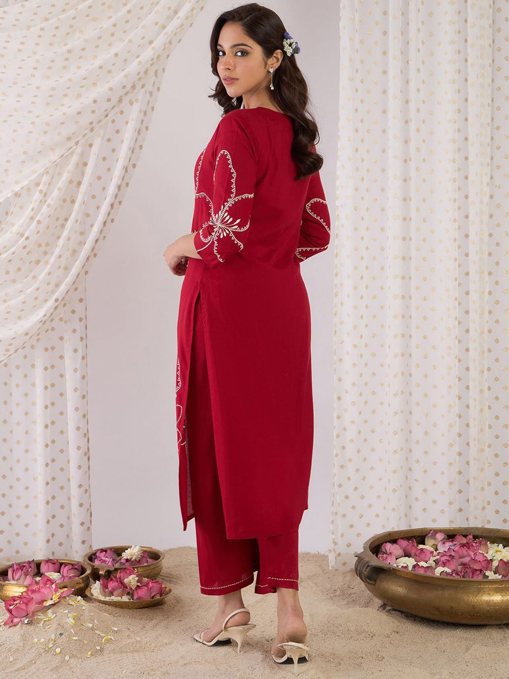 Indo Era Floral Embroidered Beads And Stones Straight Kurta With Palazzos