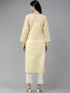 ADA Women Cream-Coloured & White Ethnic Motifs Embroidered Chikankari Cotton Kurta