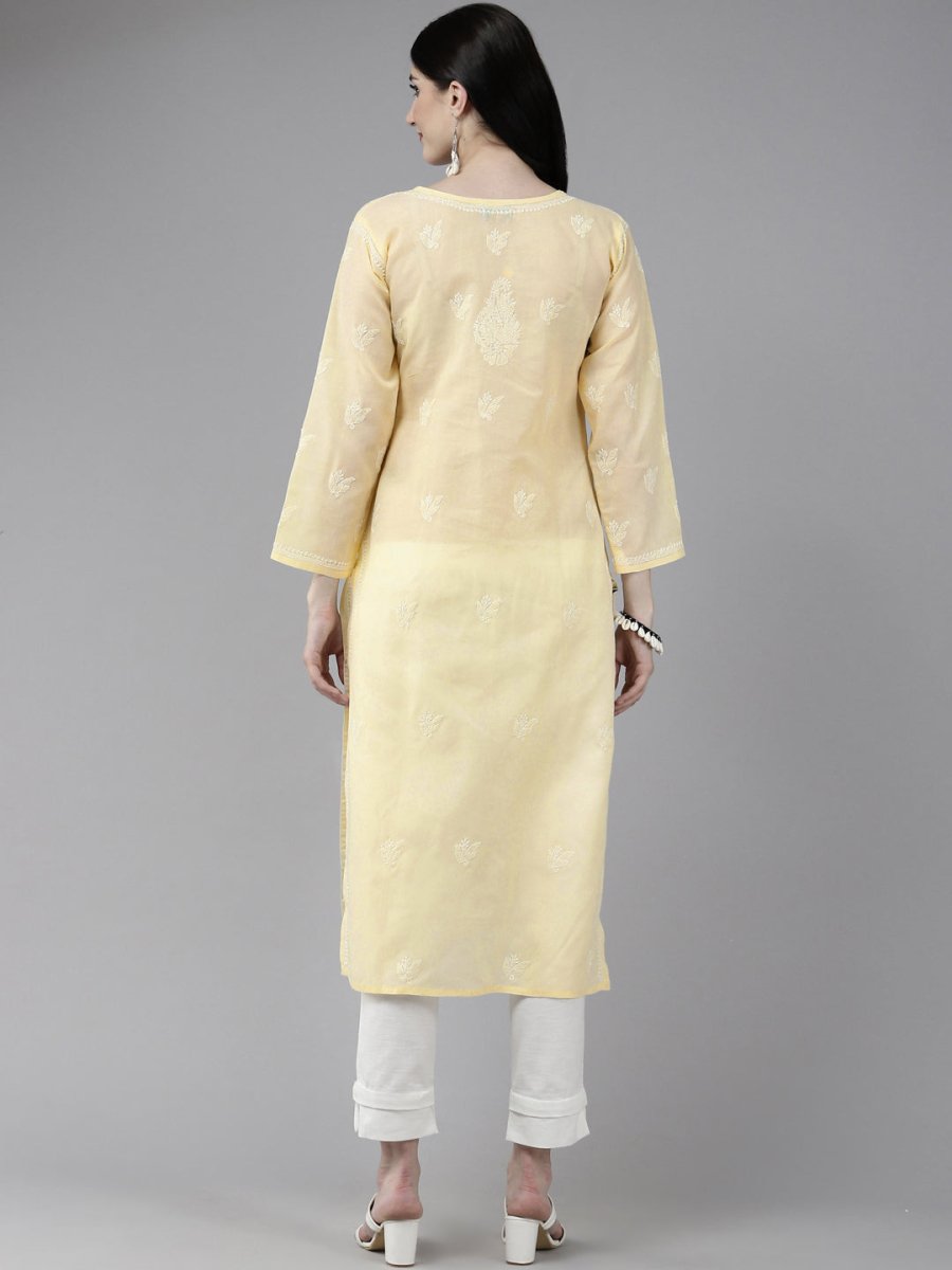ADA Women Cream-Coloured & White Ethnic Motifs Embroidered Chikankari Cotton Kurta