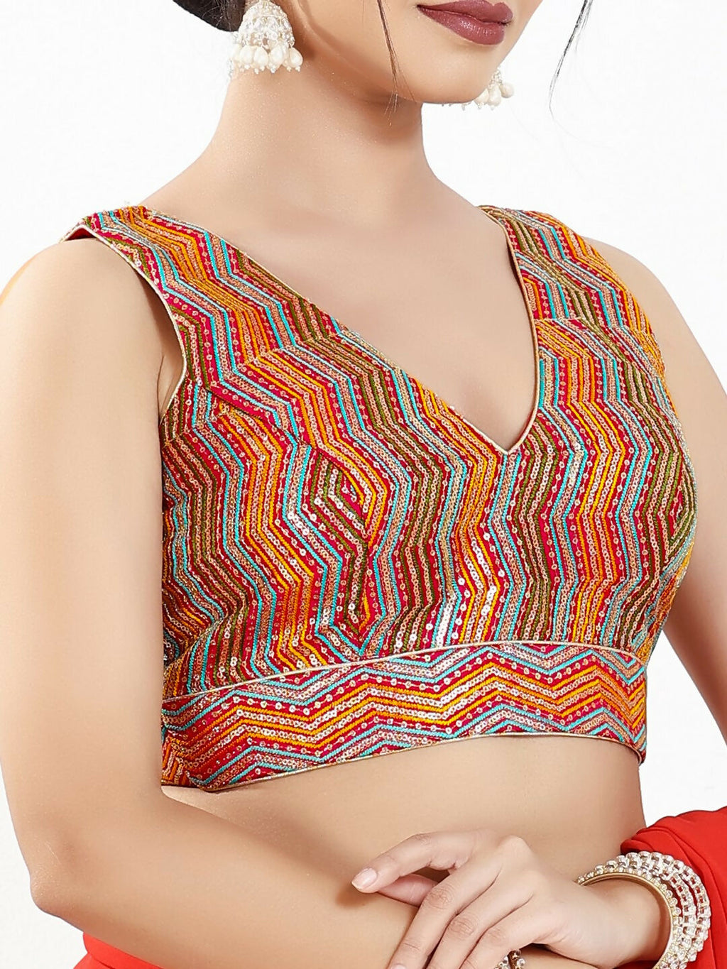 Joban Fashion Red Multi Silk Padded Blouse With V Neck Sleeveless - Distacart