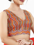 Joban Fashion Red Multi Silk Padded Blouse With V Neck Sleeveless - Distacart